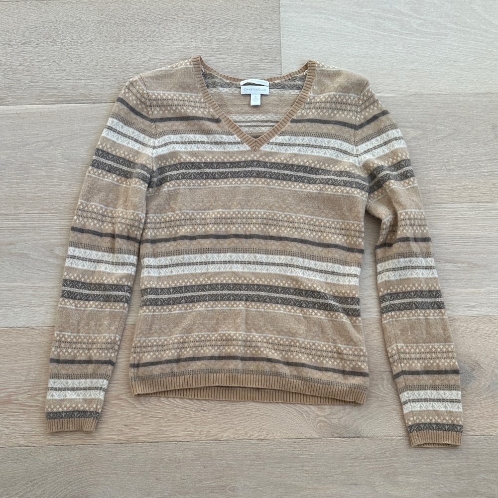 100% cashmere charter club women’s V-Neck Striped Sweater Tan and Brown s small